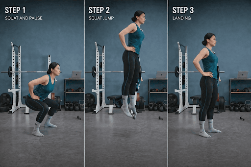Athlete performing a squat jump with fixed arm position